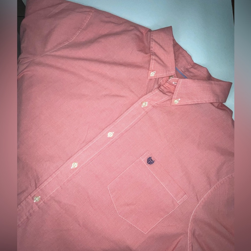 CHAPS Men's Easy Care Short Sleeve Salmon White Gingham Button Up Size XXL‎
